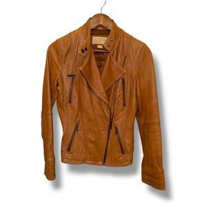 Michael Kors Cognac Brown Leather Racer Jacket Women’s Sz XS